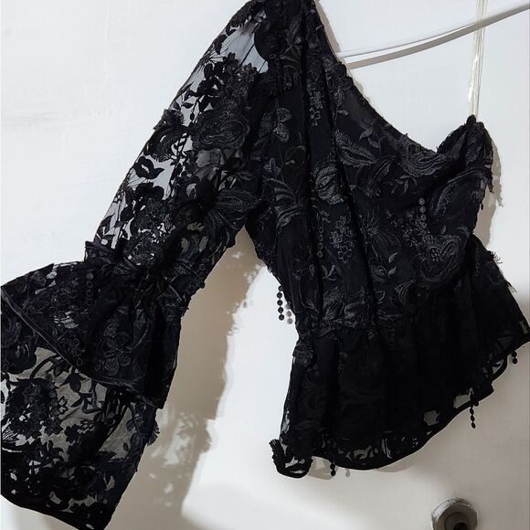 Cynthia Rowley Black lace Beatrix one shoulder ruffle sleeve blouse - Picture 7 of 8